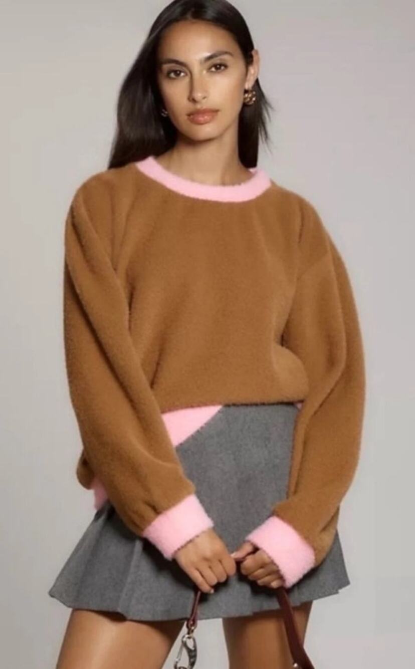 NWT Anthropologie Maeve Cozy Ringer Tan and Pink Sweatshirt - XL